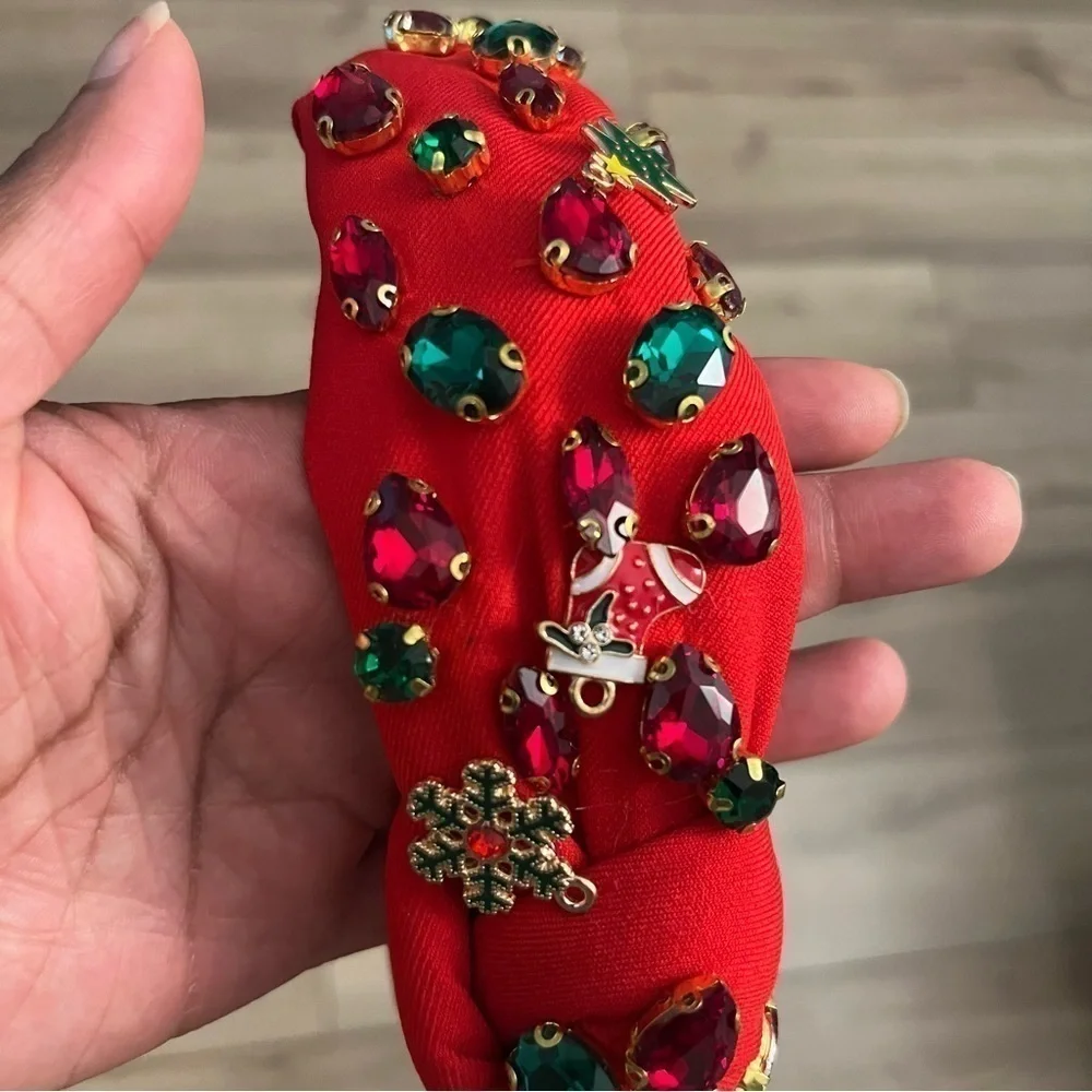 Glam Red Christmas Rhinestone Knotted Beaded Jeweled Headband